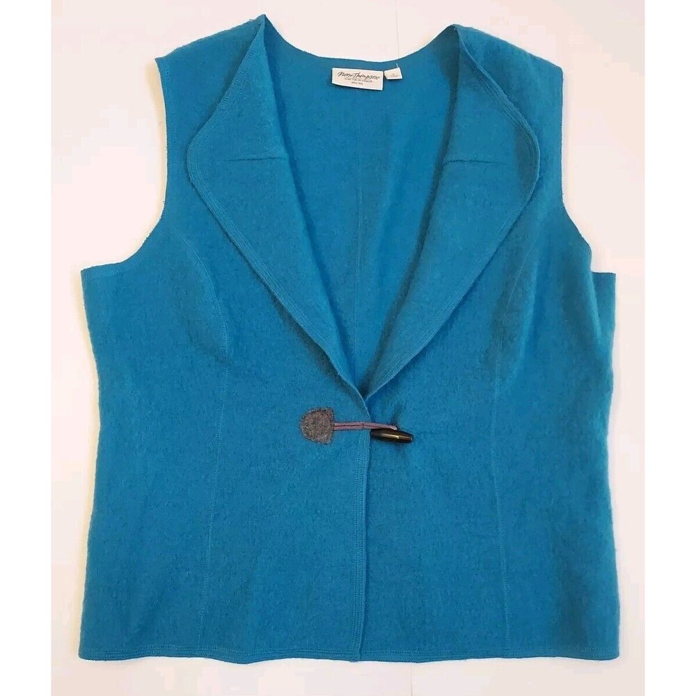 Ladies Norm Thompson Teal Blue/Green 100% Wool Single Button Vest Size L